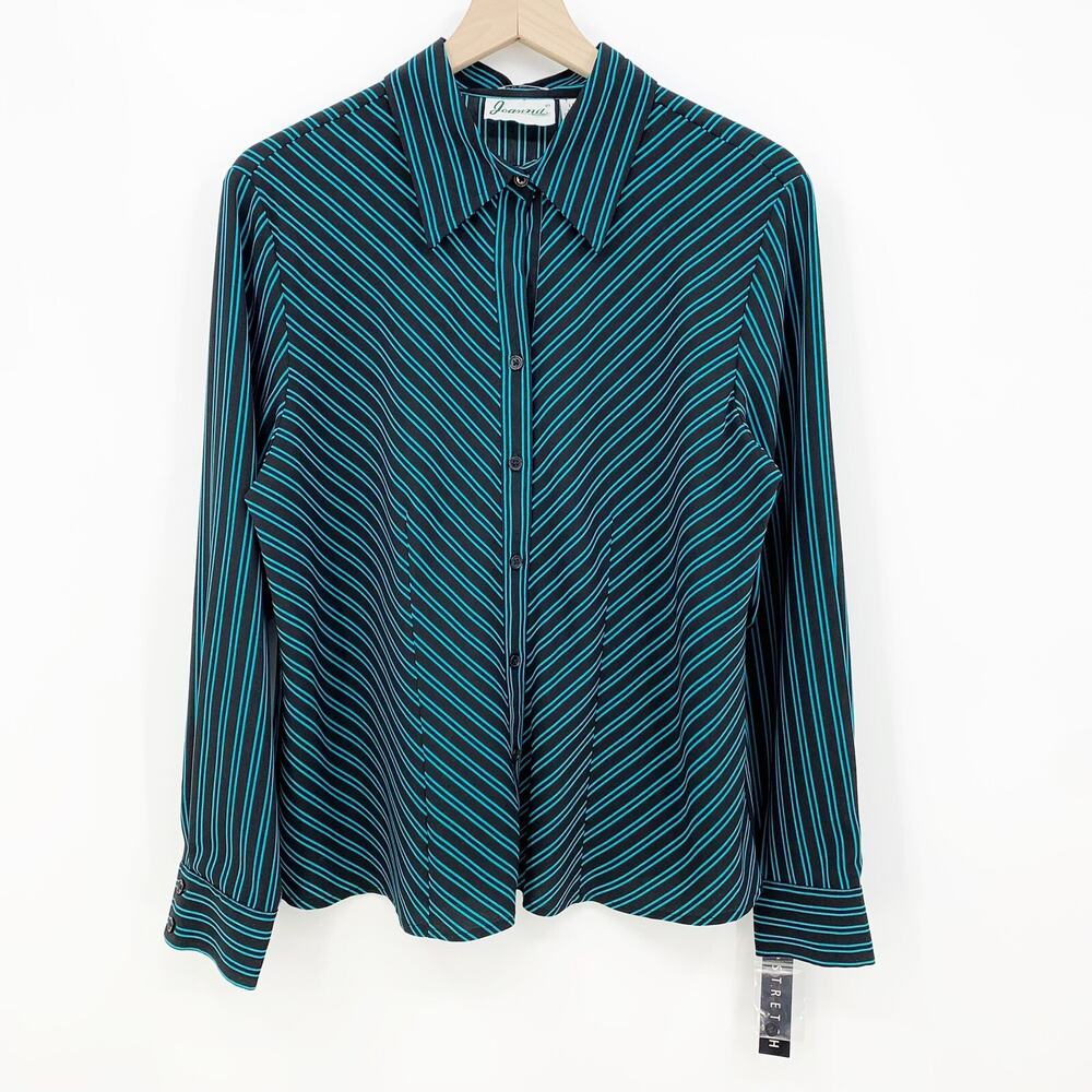Joanna Button Front Stripe Shirt L Stretch Long Sleeve Black Blue Career Office - Picture 2 of 9